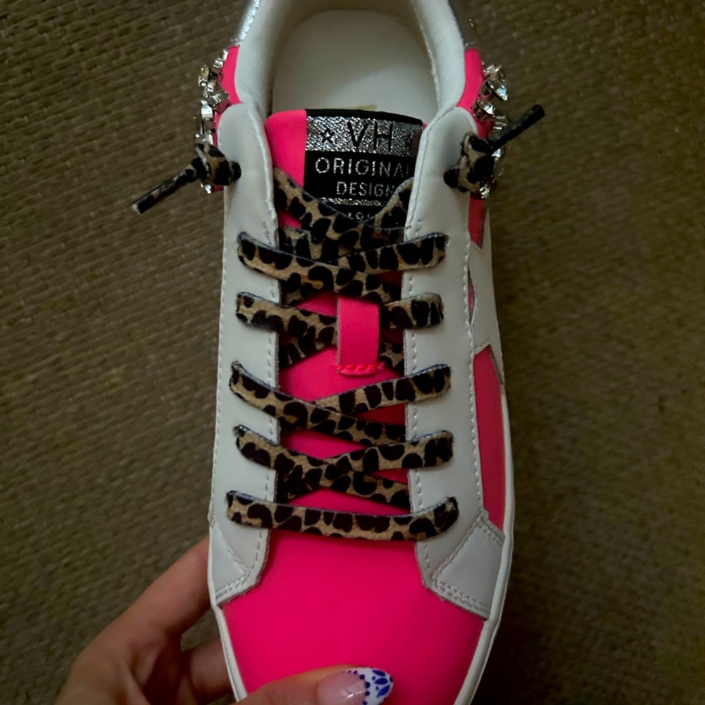 Pink and White Sneaker with Leopard Print Laces